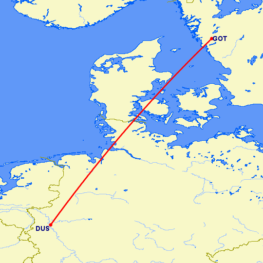 перелет Дюссельдорф — Гетеборг на карте
