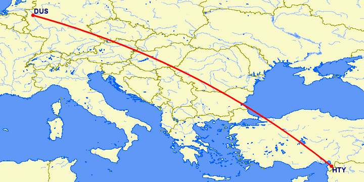 перелет Дюссельдорф — Антакья на карте