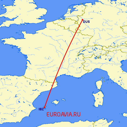 перелет Дюссельдорф — Ибица на карте