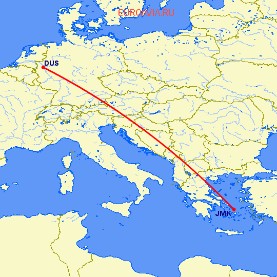 перелет Дюссельдорф — Миконос на карте