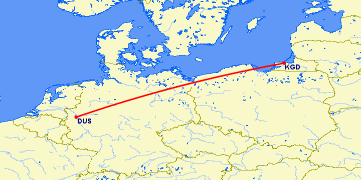 перелет Дюссельдорф — Калининград на карте