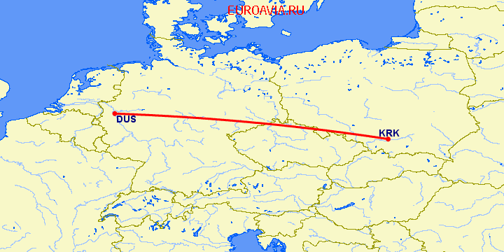 перелет Дюссельдорф — Краков на карте