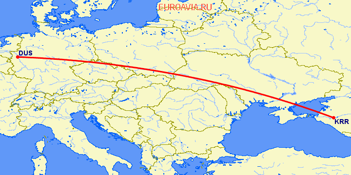 перелет Дюссельдорф — Краснодар на карте