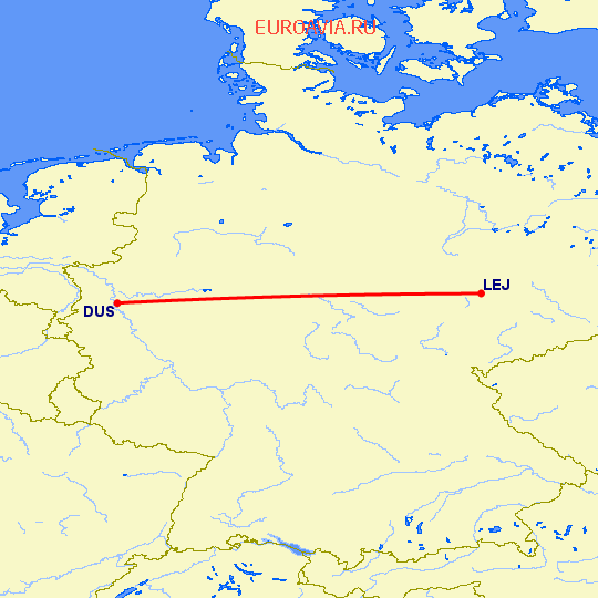 перелет Дюссельдорф — Лейпциг Галле на карте