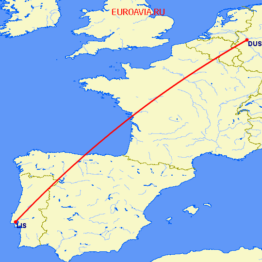 перелет Дюссельдорф — Лиссабон на карте