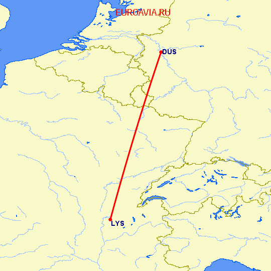 перелет Дюссельдорф — Лион на карте