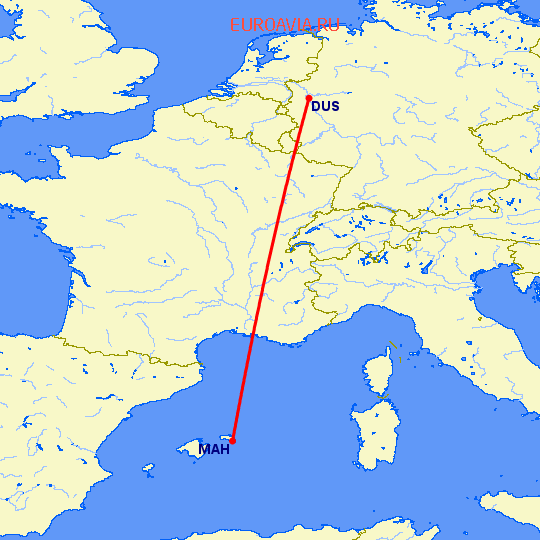 перелет Дюссельдорф — Менорка на карте