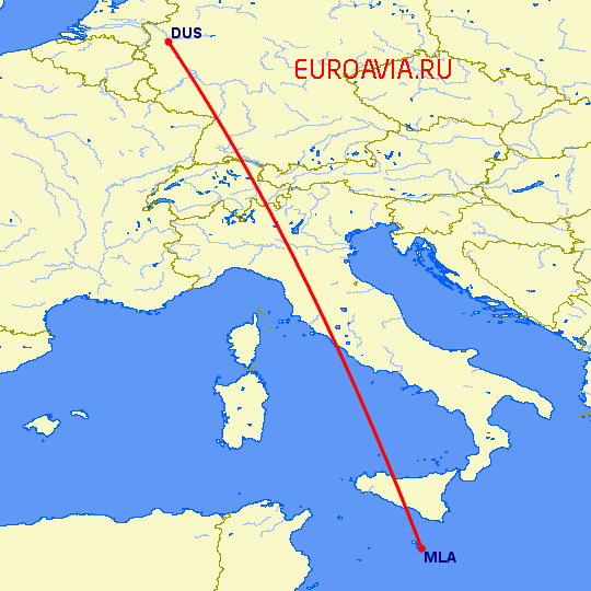 перелет Дюссельдорф — Мальта на карте