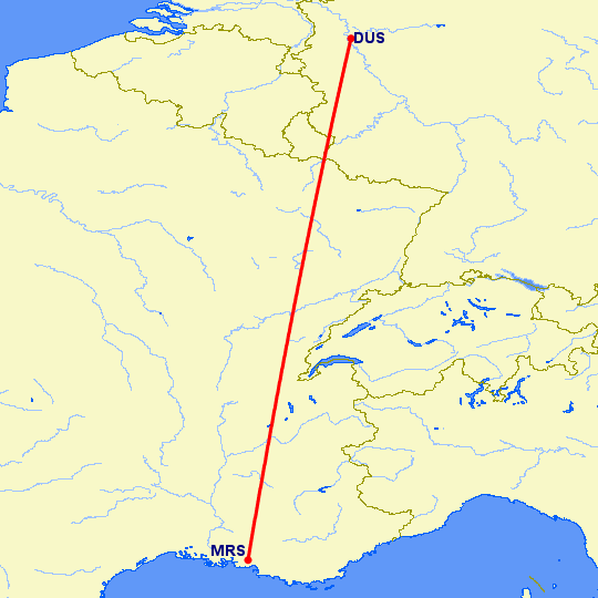 перелет Дюссельдорф — Марсель на карте