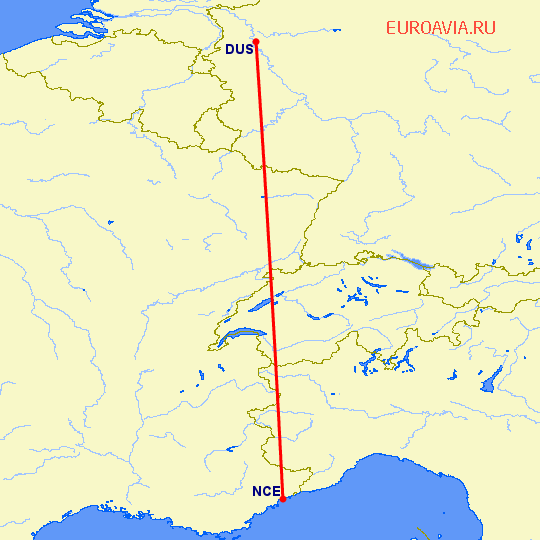 перелет Дюссельдорф — Ницца на карте