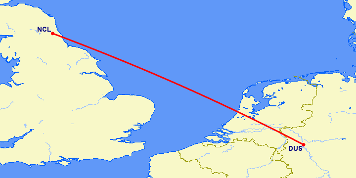 перелет Дюссельдорф — Ньюкасл на карте
