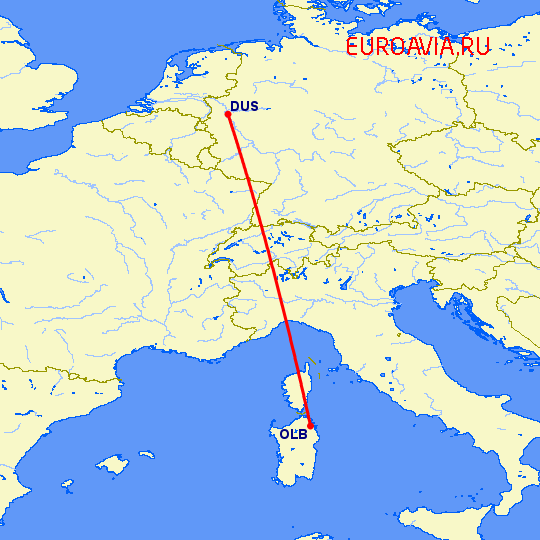 перелет Дюссельдорф — Costa Smeralda на карте