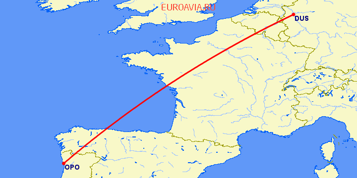 перелет Дюссельдорф — Порту на карте