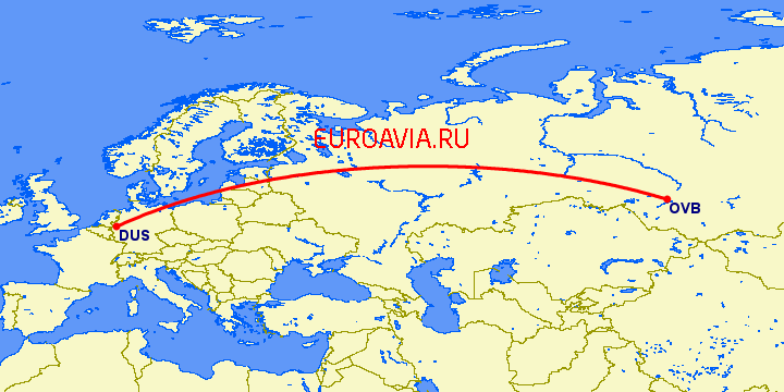 перелет Дюссельдорф — Новосибирск на карте