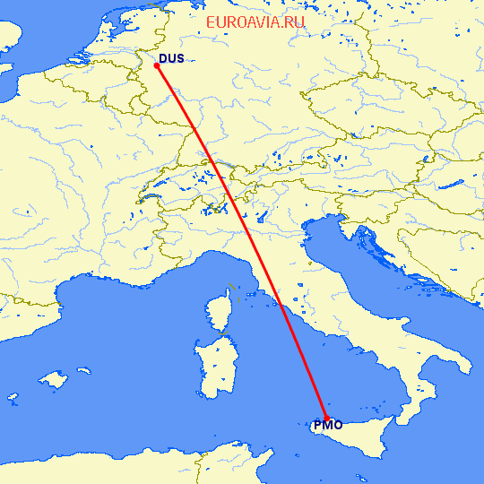 перелет Дюссельдорф — Палермо на карте