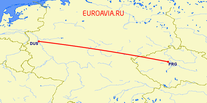 перелет Дюссельдорф — Прага на карте
