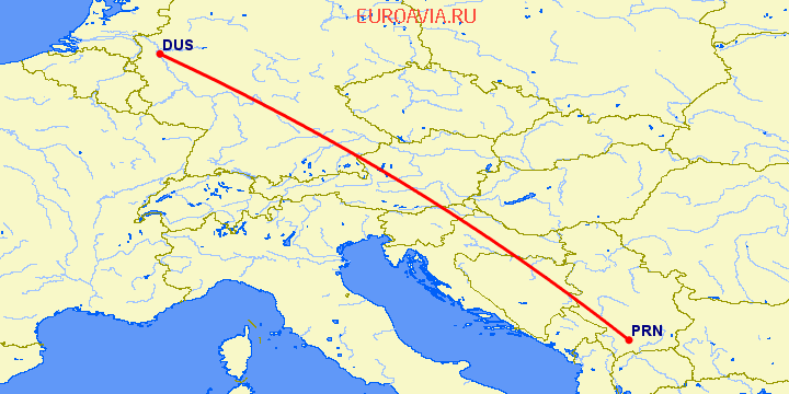 перелет Дюссельдорф — Приштина на карте