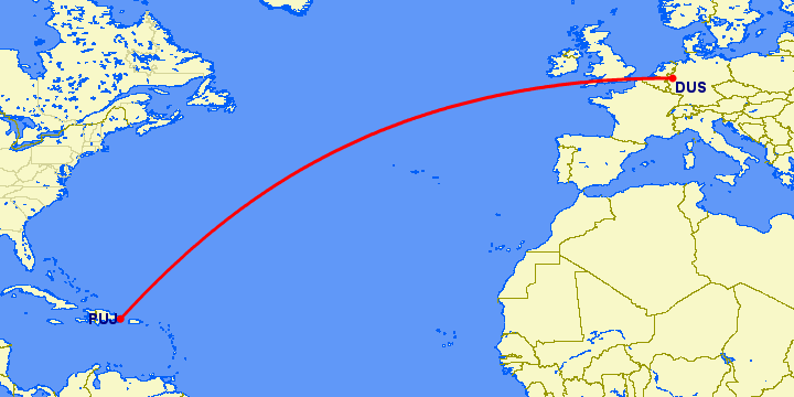 перелет Дюссельдорф — Пунта Кана на карте