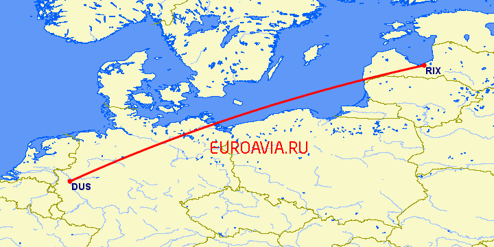 перелет Дюссельдорф — Рига на карте