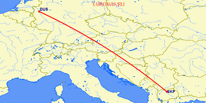 перелет Дюссельдорф — Скопье на карте