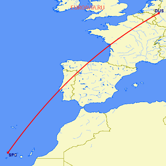 перелет Дюссельдорф — Санта Крус де Ла Пальма на карте