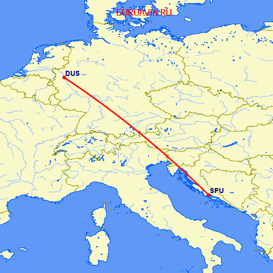 перелет Дюссельдорф — Сплит на карте