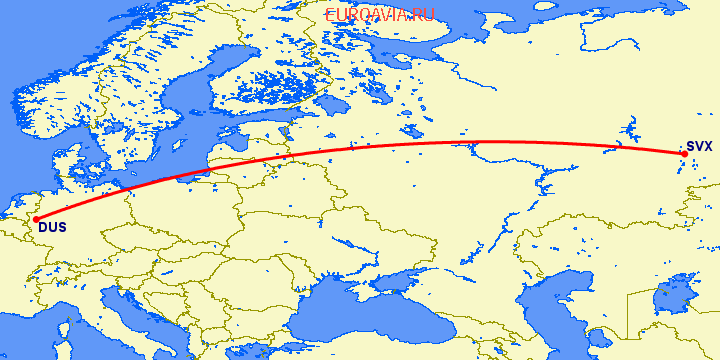 перелет Дюссельдорф — Екатеринбург на карте