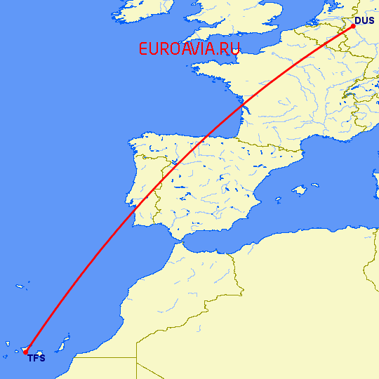 перелет Дюссельдорф — Тенерифе на карте