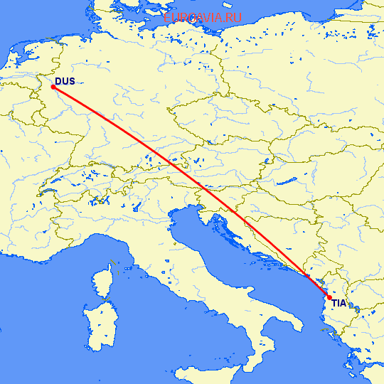 перелет Дюссельдорф — Тирана на карте