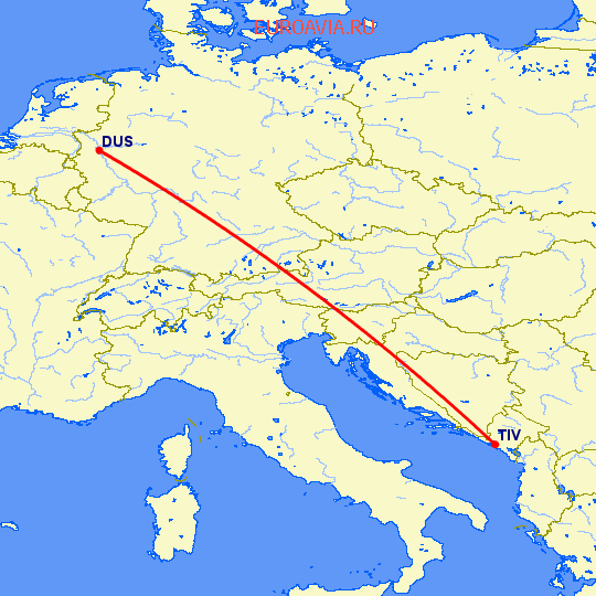 перелет Дюссельдорф — Тиват на карте
