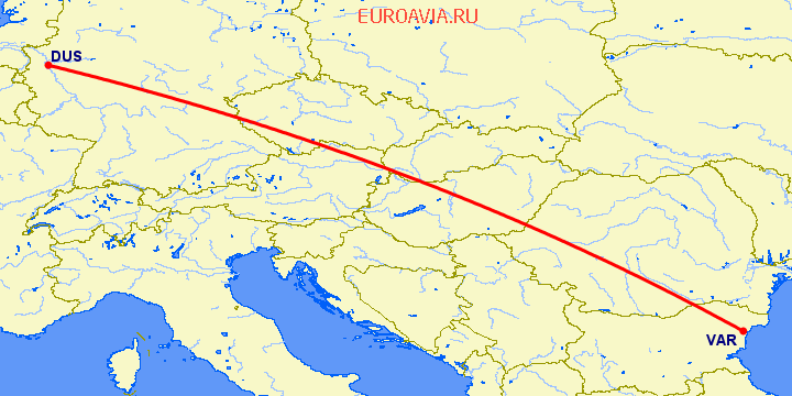 перелет Дюссельдорф — Варна на карте