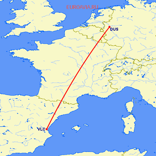 перелет Дюссельдорф — Валенсия на карте