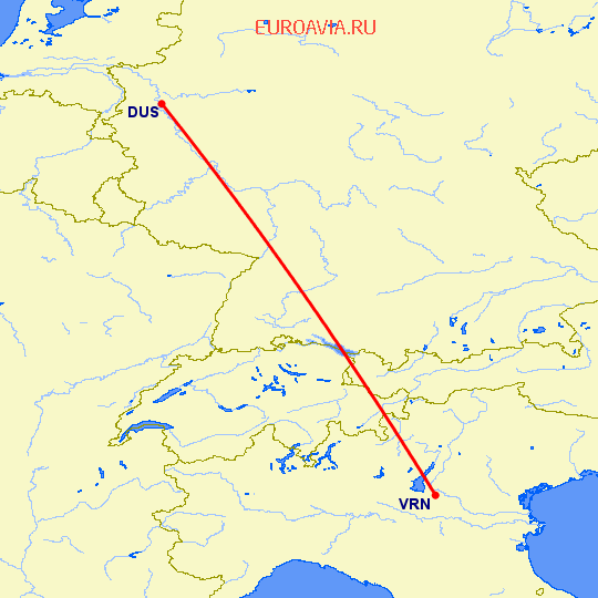 перелет Дюссельдорф — Верона на карте