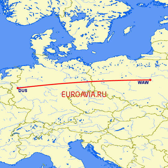 перелет Дюссельдорф — Варшава на карте