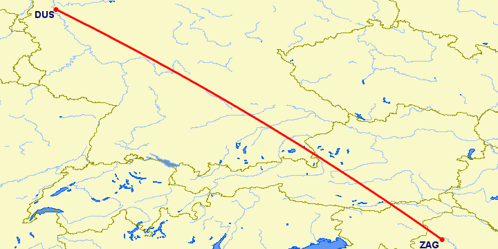 перелет Дюссельдорф — Загреб на карте