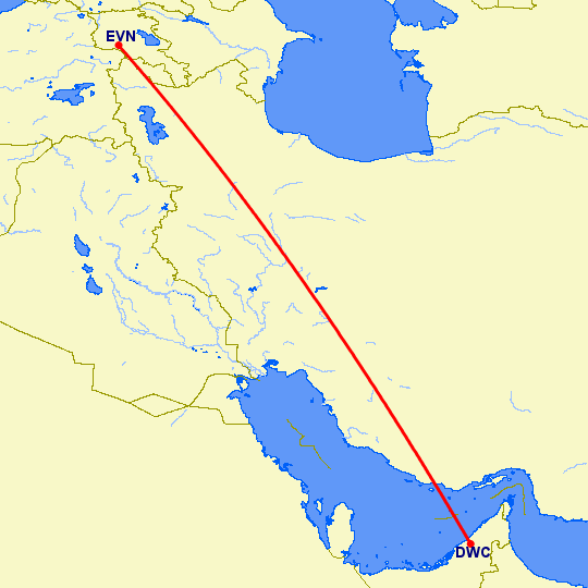 перелет Дубай — Ереван на карте