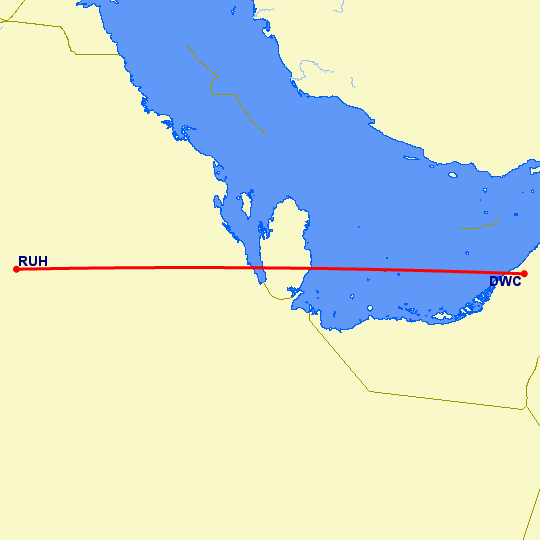 перелет Дубай — Эр Рияд на карте