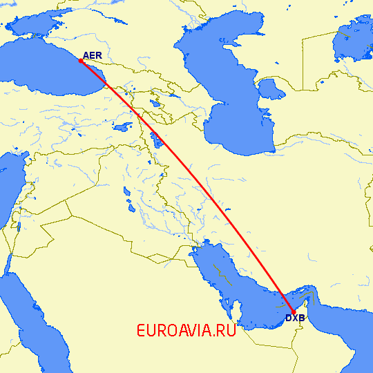 перелет Дубай — Сочи на карте