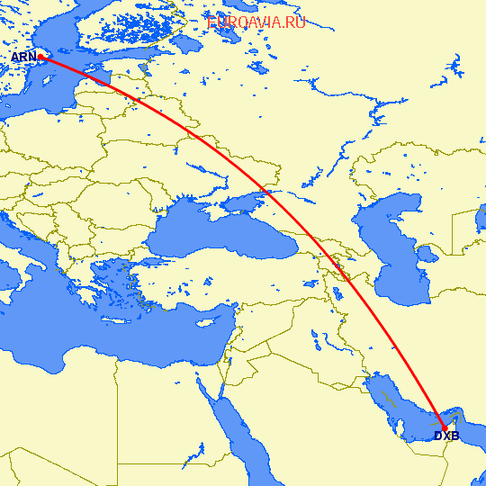 перелет Дубай — Стокгольм на карте