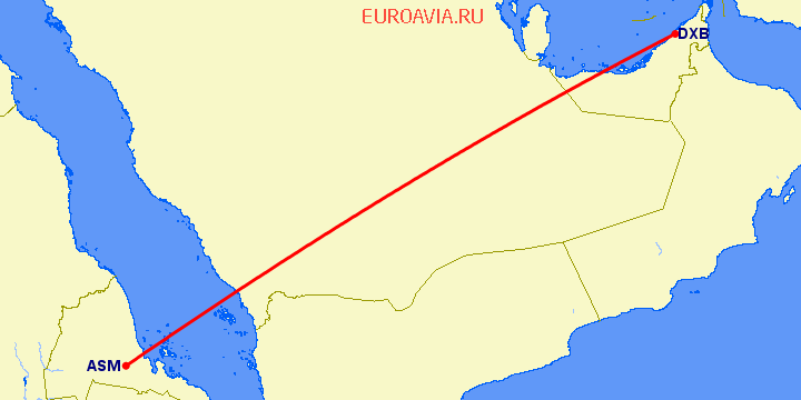 перелет Дубай — Асмэра на карте