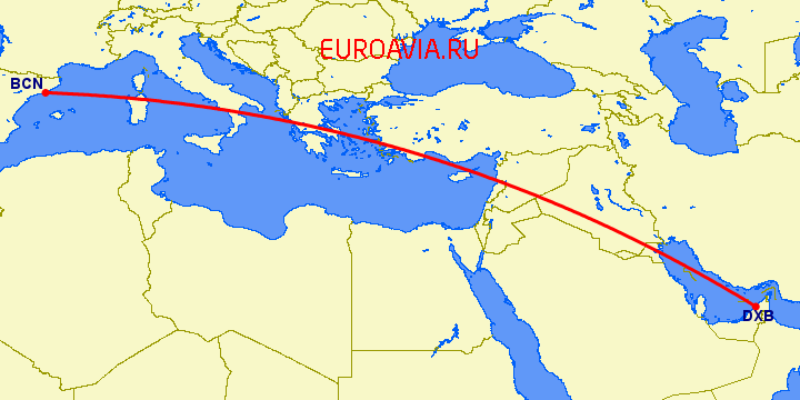 перелет Дубай — Барселона на карте