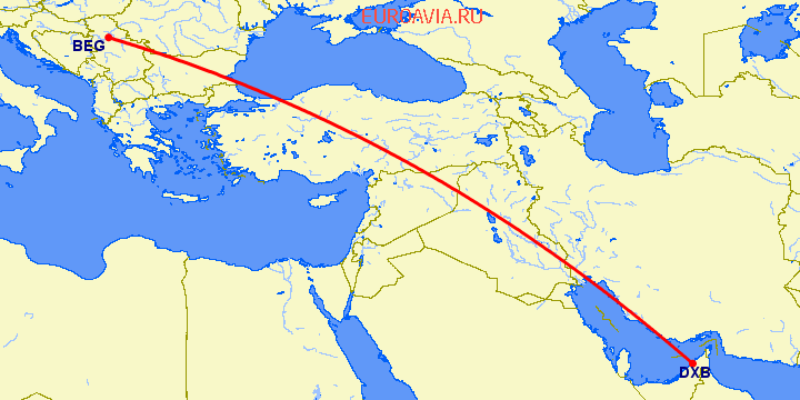 перелет Дубай — Белград на карте