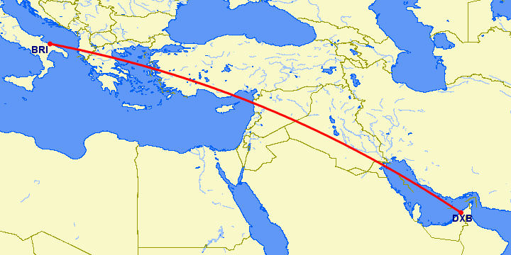 перелет Дубай — Бари на карте