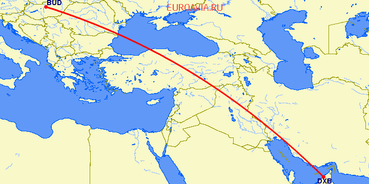 перелет Дубай — Будапешт на карте
