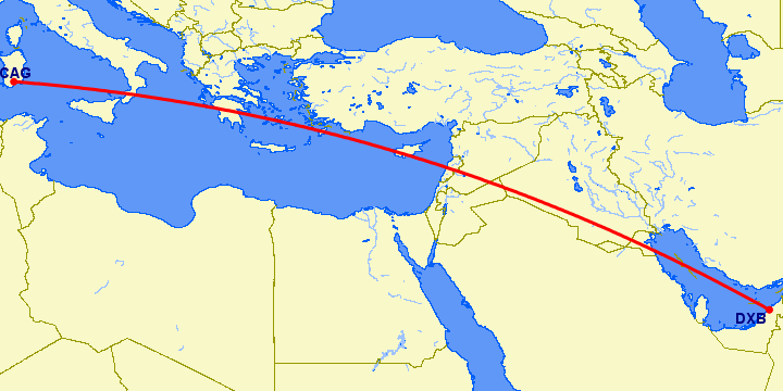 перелет Дубай — Кальяри на карте