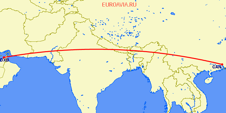 перелет Дубай — Гуанчжоу на карте