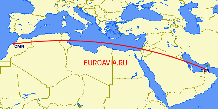 перелет Дубай — Касабланка на карте