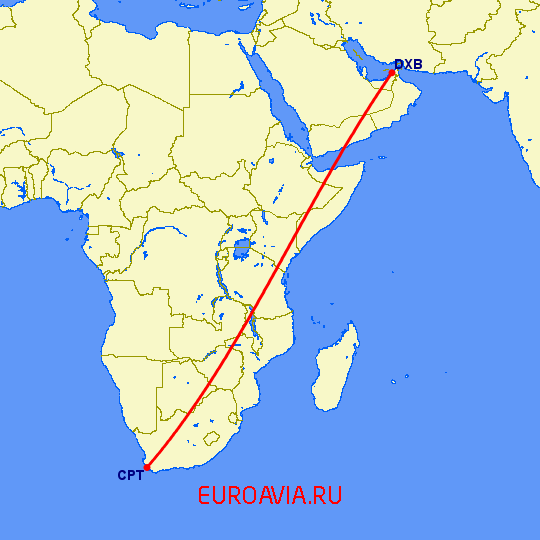 перелет Дубай — Кейптаун на карте