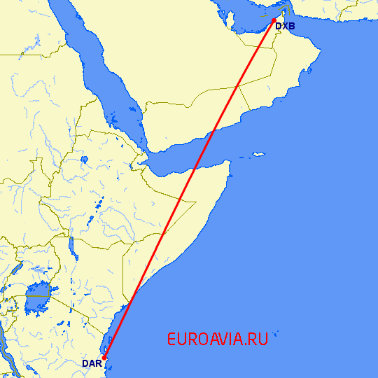 перелет Дубай — Дар Ес Салаам на карте