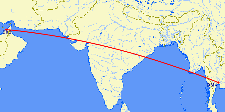перелет Дубай — Бангкок на карте
